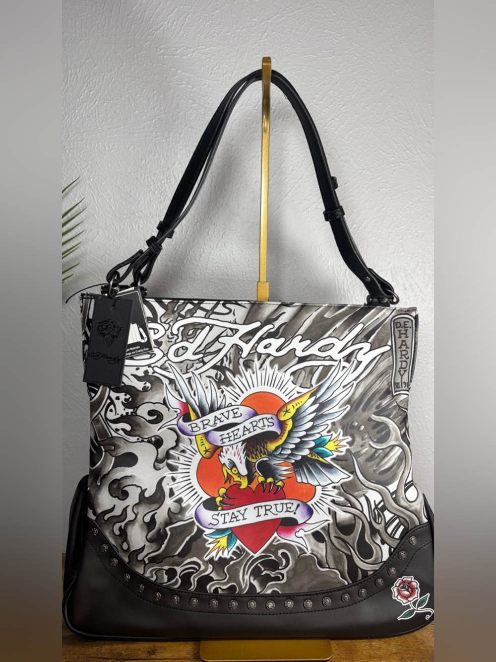 ED HARDY TATTOO BURNING HEART BALD EAGEL LARGE FAUX LEATHER TOTE BAG NWT